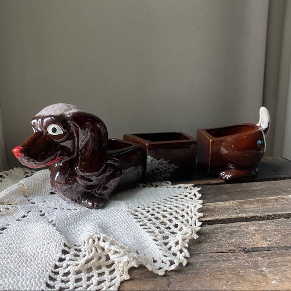 ❌sold❌Vintage 3 piece Dachshund planter pot